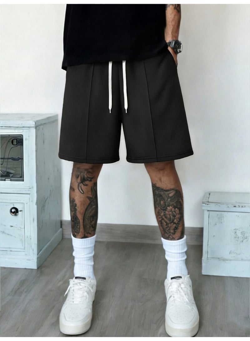 شورت رجالي أسود فضفاض برباط، شورت صيفي كاجوال فوق الركبة - Image 1